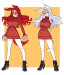  2girls animal_ears arms_under_breasts black_footwear boots breasts brown_background closed_mouth commentary_request grey_hair grin hair_between_eyes half-closed_eyes high_heel_boots high_heels highres large_breasts long_hair long_sleeves multiple_girls muu_(mumumer) original pantyhose red_hair red_sweater ribbed_sweater sleeves_past_wrists smile standing sweater tail thick_eyebrows two-tone_background very_long_hair white_background white_pantyhose yellow_eyes 