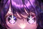  1girl chromatic_aberration close-up commentary eye_focus eyelashes hair_between_eyes highres hoshino_ai_(oshi_no_ko) kopi_(user_ajtn7422) long_hair multicolored_eyes one_side_up oshi_no_ko purple_eyes purple_hair signature solo star-shaped_pupils star_(symbol) symbol-shaped_pupils twitter_username 