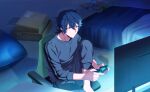 1boy barefoot bedroom black_hair controller fingernails game_controller gray_reverse hair_between_eyes happy_elements helios_rising_heroes highres holding holding_controller holding_game_controller male_focus official_art pants shirt solo television third-party_source 