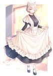  1girl animal_ears breasts cat_ears cat_tail e_(eokiba) frills full_body grey_eyes grey_hair hair_over_one_eye highres long_sleeves maid_headdress mary_janes original shoes short_hair smile solo sparkle standing tail victorian_maid 
