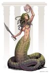  2023 angry apode breasts draconcopode european_mythology female front_view full-length_portrait gorgon greek_mythology green_body green_scales hi_res holding_object holding_sword holding_weapon lamia legless living_hair medusa melee_weapon mythology nipples nude portrait pseudo_hair reptile scales scalie serpentine snake snake_hair solo split_form sword temporalwolf weapon 