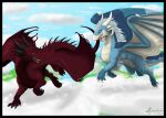  blue_body blue_scales cloud cloud_blower dragon fierce_thorn hi_res horn looking_at_another nero_eternity_(artist) red_body red_scales scales scalie sfw tongue tongue_out wings 