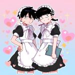  2boys alternate_costume apron black_dress black_eyes black_hair blue_background bow brothers clipboard closed_mouth cropped_legs crossdressing dress enmaided frilled_apron frills gradient_background heart highres holding holding_clipboard kageyama_ritsu kageyama_shigeo maid maid_apron maid_headdress male_focus male_maid mob_psycho_100 multiple_boys outline pink_background pori_io puffy_short_sleeves puffy_sleeves short_hair short_sleeves siblings simple_background standing waist_apron white_apron white_bow white_outline 