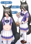  1girl ahoge animal_ears arms_behind_back big_belly blush brown_footwear closed_mouth commentary_request commission cowboy_shot food full_body full_stomach furrowed_brow hair_between_eyes highres horse_ears long_bangs long_hair looking_at_viewer manhattan_cafe_(umamusume) multiple_views navel onigiri parted_lips pizza plate pleated_skirt purple_shirt sailor_collar shigekikkusu shirt shoes short_sleeves signature skeb_commission skirt standing table tail thighhighs translation_request umamusume yellow_eyes zettai_ryouiki 