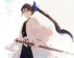  1girl alternate_hair_length alternate_hairstyle black_hair black_kimono bleach blue_ribbon closed_mouth flower hair_between_eyes hair_ribbon haori highres japanese_clothes kimono kuchiki_rukia long_hair long_sleeves petals purple_eyes ribbon sash sheath sheathed side_ponytail solo sword taichou_haori weapon white_sash wide_sleeves zzz_zhi_he 