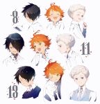  1girl 2boys age_comparison age_progression awarin black_hair blue_eyes blue_scarf blue_vest book character_age closed_mouth collared_shirt emma_(yakusoku_no_neverland) green_eyes grey_necktie hair_over_one_eye highres multiple_boys neck_tattoo necktie norman_(yakusoku_no_neverland) number_tattoo one_eye_closed open_book open_mouth orange_hair ray_(yakusoku_no_neverland) ribbon scarf shirt smile tattoo upper_body vest white_hair white_ribbon white_shirt yakusoku_no_neverland 