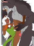  1boy 1girl :d ;d animal_ears artist_name breasts capelet collarbone d-rex dark-skinned_female dark_skin dress furry furry_with_non-furry grabbing_another&#039;s_ear gradient_background green_dress grey_background hand_on_another&#039;s_ear hands_up highres interspecies leg_up long_hair medium_breasts no_panties one_eye_closed original rabbit_ears rabbit_girl rabbit_tail red_capelet sex sharp_teeth smile standing standing_sex tail teeth tongue tongue_out upper_teeth_only werewolf white_background white_hair 
