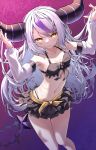  absurdres ahoge bikini black_bikini black_horns braid braided_bangs detached_sleeves frilled_bikini frills grey_hair highres hololive horns la+_darknesss maeru multicolored_hair navel pointy_ears purple_hair streaked_hair striped_horns swimsuit yellow_eyes 