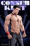  1boy abs animal_collar artist_name bara belt black_belt black_hair black_pants blush character_name closed_mouth collar dc_comics evinist highres kon-el large_pectorals male_focus muscular muscular_male navel nipples pants pectorals short_hair solo superboy topless_male wristband young_justice 