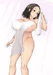  1girl :o black_eyes black_hair breasts covered_nipples large_breasts legs looking_to_the_side naked_towel nude original pink_background short_hair solo standing thighs towel usyuuri wet 
