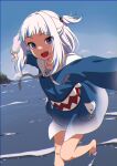  1girl :o animal_costume barefoot blue_eyes blue_hair blue_hoodie blue_sky day fins fish_tail gawr_gura gawr_gura_(1st_costume) hair_ornament highres hololive hololive_english hood hoodie looking_at_viewer medium_hair multicolored_hair nyus0721 ocean one_side_up open_mouth outdoors shark_costume shark_girl shark_hair_ornament shark_print shark_tail sharp_teeth sky solo streaked_hair tail teeth virtual_youtuber water white_hair 