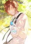  1boy absurdres aleo artist_name bag blurry blurry_background bottle brown_hair chinese_commentary closed_eyes commentary_request dated english_text ensemble_stars! facing_viewer fingernails green_necktie highres holding holding_bottle male_focus mikejima_madara necktie outdoors school_uniform shirt short_hair short_sleeves shoulder_bag smile solo teeth upper_body white_shirt 