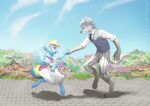  absurd_res anthro barefoot beastars black_nose blue_body blue_fur bottomwear brick_floor canid canine canis clothed clothing dancing detailed_background dress duo equid equine eye_contact feet female flower friendship_is_magic fur grey_body grey_eyes grey_fur hair hand_holding hasbro hi_res horse looking_at_another male male/female mammal multicolored_body multicolored_fur multicolored_hair multicolored_tail my_little_pony necktie nononge pants pegasus plant pony purple_eyes rainbow_dash_(mlp) rainbow_hair rainbow_tail school_uniform shirt size_difference tail topwear two_tone_body two_tone_fur unguligrade_anthro uniform vest wings wolf 