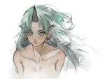  1girl bare_shoulders breasts closed_mouth cropped_torso eyelashes green_hair heinrich_(fernanderuddle) highres horns komano_aunn light_smile long_hair looking_at_viewer medium_breasts simple_background single_horn solo topless touhou upper_body very_long_hair white_background wind 