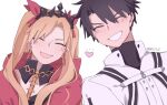 1boy 1girl alternate_costume black_tiara blonde_hair blush brown_hair cape chaldea_logo closed_eyes commentary earrings ereshkigal_(fate) fate/grand_order fate_(series) fujimaru_ritsuka_(male) fujimaru_ritsuka_(male)_(decisive_battle_chaldea_uniform) hair_ribbon heart hinata_(eine_blume) hoop_earrings jacket jewelry leaning_on_person long_hair official_alternate_costume open_mouth parted_bangs red_cape red_eyes red_ribbon ribbon simple_background skull smile spine tiara white_background white_jacket 