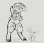  2018 anthro belly big_belly black_and_white blush blush_lines crossed_arms dialogue duo eyes_closed feral generation_5_pokemon generation_7_pokemon looking_at_another looking_at_partner looking_down looking_down_at_another looking_down_at_partner lycanroc macro minccino monochrome narrowed_eyes nintendo open_mouth pokemon pokemon_(species) raster_dreams scarf size_difference speech_bubble standing 