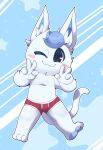  animal_crossing anthro blue_hair blush boxer_briefs boxer_briefs_only clothed clothing domestic_cat felid feline felis fur geometric_background gesture hair hi_res kid_cat_(animal_crossing) male mammal navel nintendo one_eye_closed pawpads pose red_boxer_briefs red_clothing red_underwear simple_background smite_(artist) solo tail topless underwear underwear_only v_sign white_body white_fur wink 