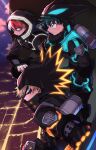  3boys :/ aircraft alternate_eye_color aqua_eyes aqua_hair arm_on_knee badge bakugou_katsuki belt belt_pouch black_belt black_bodysuit black_gloves black_mask black_pants blonde_hair blue_gloves bodysuit boku_no_hero_academia burn_scar chiyaya city_lights clenched_hand clothing_request container covered_mouth elbow_pads evening eye_mask eyebrows_hidden_by_hair fingerless_gloves freckles from_side gloves glowing glowing_bodysuit glowing_clothes gradient_sky grey_eyes hair_between_eyes hand_up heterochromia high_collar highres hood hood_up hooded_bodysuit knee_pads leaning_forward light light_rays long_sleeves looking_afar looking_ahead looking_at_viewer male_focus midoriya_izuku multicolored_hair multiple_boys neon_trim official_alternate_costume orange_eyes orange_gloves outdoors outstretched_arm pants parted_lips pink_clouds pouch profile purple_sky red_hair scar scar_on_face short_hair sideways_glance sideways_mouth sky snap-fit_buckle spiked_hair split-color_hair squatting straight_hair thigh_pouch thigh_strap todoroki_shouto two-tone_hair urban utility_belt v-shaped_eyebrows white_hair 