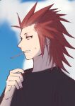  1boy alternate_costume axel_(kingdom_hearts) biting black_shirt cloud cloudy_sky day green_eyes kingdom_hearts lea_(kingdom_hearts) male_focus medium_hair nitoya_00630a outdoors popsicle_stick red_hair shirt sky solo spiked_hair sweatdrop t-shirt 