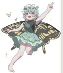  1girl animal antennae aqua_hair arm_up barefoot blush bug butterfly butterfly_wings dress eternity_larva fairy green_dress hair_between_eyes leaf leaf_on_head multicolored_clothes multicolored_dress open_mouth orange_eyes short_hair short_sleeves smile solo stella_(pokopokobanana) touhou wings 