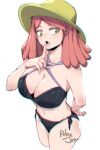  1girl bare_shoulders bikini boku_no_hero_academia breasts collarbone hat hatsume_mei large_breasts open_mouth pink_hair relaxjon solo swimsuit thighs 