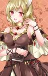  1girl blonde_hair book breasts citrinne_(fire_emblem) cleavage cleavage_cutout clothing_cutout dress feather_hair_ornament feathers fire_emblem fire_emblem_engage gem gold_trim hair_ornament highres holding holding_book jewelry kirishima_riona looking_at_viewer necklace open_mouth red_eyes smile solo 
