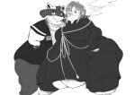  absurd_res anthro duo generation_4_pokemon hi_res human human_focus lucario male male/male mammal monochrome moobs morbidly_obese morbidly_obese_male nintendo obese obese_male overweight overweight_male pokemon pokemon_(species) smoking tapirclip 