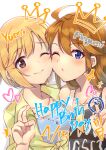  2girls ;) ;o ahoge aiba_yumi bent_v birthday_connection blonde_hair blush brown_hair character_name cheek-to-cheek collarbone crown dated happy_birthday heads_together heart highres idolmaster idolmaster_cinderella_girls idolmaster_million_live! looking_at_viewer multiple_girls one_eye_closed shiitake_taishi shirt simple_background smile tied_shirt tokoro_megumi upper_body v white_background 