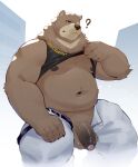  2023 absurd_res anthro balls bear belly ben_(zenless_zone_zero) big_belly bottomwear brown_body brown_fur clothed clothing clothing_lift flaccid fur genitals hi_res kajin-sama male mammal mihoyo moobs navel nipples open_bottomwear open_clothing open_pants overweight overweight_male pants penis question_mark scar shirt shirt_lift solo topwear zenless_zone_zero 