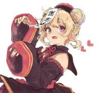  1girl black_dress blonde_hair chinese_clothes detached_sleeves double_bun dress fang hair_bun hat heart highres jiangshi looking_at_viewer natori_sana ofuda open_mouth pink_eyes polca38885403 qing_guanmao sana_channel simple_background skin_fang smile solo virtual_youtuber white_background wide_sleeves 