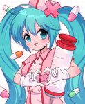  1girl 2000s_(style) absurdres blue_eyes blue_hair blush breasts chelly_(chellyko) dress gloves grid grid_background hat hatsune_miku heart heart_hands highres long_hair looking_at_viewer medium_breasts nurse nurse_cap open_mouth pill pink_background pink_dress pink_headwear retro_artstyle short_sleeves smile solo standing syringe twintails vocaloid white_gloves 