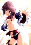  1girl absurdres armpits black_panties blue_eyes blush bow bowtie breasts brown_hair highres izumi_mahiru machikado_mazoku navel nipples no_bra non-web_source panties red_bow red_bowtie small_breasts solo tongue tongue_out topless underwear yoshida_ryouko 