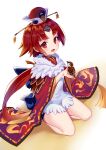  1girl :d artist_name benienma_(fate) bird bird_on_hand eurasian_tree_sparrow fate/grand_order fate_(series) hat horns looking_at_viewer low_ponytail open_mouth ponytail red_eyes red_hair sakanasoko seiza simple_background single_horn sitting smile solo sparrow white_background wide_sleeves 