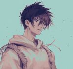  1boy black_hair blue_background dokuga dorohedoro expressionless highres hood hoodie light_particles looking_at_viewer male_focus panco parted_lips portrait simple_background solo white_hoodie 