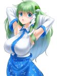  1girl :o ankake_hitokaji armpits arms_behind_head arms_up blue_eyes blue_skirt breasts commentary_request cowboy_shot detached_sleeves frog_hair_ornament green_hair hair_flowing_over hair_ornament hair_tubes hands_in_hair highres kochiya_sanae large_breasts long_hair long_sleeves looking_at_viewer open_mouth sagging_breasts shirt simple_background skirt snake_hair_ornament solo touhou very_long_hair white_background white_shirt 