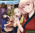  1boy 4girls absurdres aqua_eyes banner black_bow black_hair blonde_hair blue_kimono bottle bow brown_hair cake candle chxoswolf closed_eyes closed_mouth dark-skinned_male dark_skin drinking facial_hair food forehead goatee green_eyes green_kimono grin hair_between_eyes hair_bow hairband hand_on_own_hip happy_birthday highres holding holding_bottle indoors inoue_takina japanese_clothes kimono kurumi_(lycoris_recoil) light_smile long_hair looking_at_viewer lycoris_recoil mika_(lycoris_recoil) multiple_girls mustache nakahara_mizuki nishikigi_chisato open_mouth purple_eyes purple_kimono red_eyes red_kimono short_hair sitting smile standing stool table twintails v yellow_kimono 