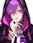  1boy absurdres belt black_coat chest_belt coat cross cross_earrings earrings facial_mark highres hood hood_up jewelry kyoma_(yuhi) long_sleeves male_focus mole mole_on_neck nijisanji nijisanji_en parted_lips purple_belt purple_eyes purple_hair solo uki_violeta virtual_youtuber 