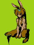  1girl :/ alternate_eye_color amiya_(arknights) animal_ears animal_hands animal_legs arknights black_eyes body_fur breasts brown_fur brown_hair closed_mouth commentary_request expressionless full_body green_background hair_over_breasts highres invisible_chair knee_up long_hair monster_girl ponytail rabbit_ears rabbit_girl rabbit_paws sidelocks simple_background sitting small_breasts solo topless tunamayo_aku v_arms 