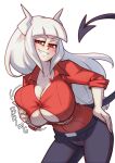  1girl absurdres breasts cleavage collared_shirt danaoharah demon_horns demon_tail helltaker highres horns large_breasts long_hair looking_at_viewer lucifer_(helltaker) open_clothes open_shirt red_eyes red_shirt shirt smile solo sound_effects tail very_long_hair white_hair 