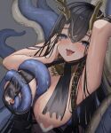  1girl antlers areola_slip azur_lane black_hair blue_eyes breast_curtains breasts chain fangs golden_hind_(azur_lane) hand_on_own_face highres horns kuwahara_taiki large_breasts long_hair looking_at_viewer mole mole_under_mouth puffy_nipples reindeer_antlers solo tentacles tongue tongue_out upper_body very_long_hair wet 