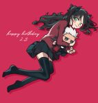  1girl archer_(fate) black_hair black_ribbon black_skirt black_thighhighs character_doll closed_mouth dated fate/stay_night fate_(series) green_eyes hair_ribbon happy_birthday hugging_doll hugging_object long_hair lying on_side oneroom-disco red_background red_shirt ribbon shirt simple_background skirt smile thighhighs tohsaka_rin 