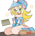  1girl @_@ absurdres animal bandaid bandaid_on_cheek bandaid_on_face bare_shoulders between_legs blonde_hair blue_dress blue_footwear blue_gloves blue_headwear blush boots commentary_request crab dark_magician_girl dress duel_monster fang gloves green_eyes hair_between_eyes hand_between_legs highres kokaki_mumose looking_at_viewer off-shoulder_dress off_shoulder open_mouth simple_background sitting solo staff tears torn_clothes torn_dress torn_gloves translation_request wariza wavy_mouth white_background yu-gi-oh! yu-gi-oh!_duel_monsters 