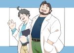  2boys bara belly birch_(pokemon) facial_hair feet_out_of_frame glasses grey_hair hands_in_pockets head_tilt highres holding holding_notebook lab_coat looking_at_viewer male_focus mature_male multiple_boys neroli_(pokemon) notebook odmk_(jinnta4014) pants plump pokemon pokemon_(game) pokemon_sleep round_eyewear short_hair smile stubble thick_eyebrows waving 