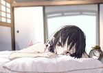  1girl alarm_clock barefoot black_hair blurry blurry_background clock commentary_request foot_up futatsuki_eru futon head_on_pillow looking_at_viewer lying morning on_stomach pillow pointy_ears red_eyes shameimaru_aya short_hair solo sweatdrop touhou window 