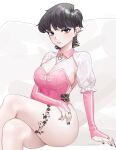  1girl alternate_costume ass black_hair breasts crescent crescent_earrings crossed_legs ear_piercing earrings feet_out_of_frame fingernails highres jewelry komi-san_wa_komyushou_desu komi_shuuko large_breasts leotard looking_at_viewer medium_breasts mentha mole mole_on_breast mole_on_thigh mole_under_mouth nail_polish piercing pink_leotard purple_eyes purple_lips shrug_(clothing) sideboob solo 