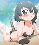  1girl absurdres bikini black_bikini black_gloves black_hair blue_eyes blue_sky breasts chis_(js60216) cloud day dutch_angle front-tie_bikini_top front-tie_top gloves highres kaban_(kemono_friends) kemono_friends looking_at_viewer lying on_stomach outdoors palm_tree short_hair side-tie_bikini_bottom sky small_breasts solo swimsuit tree 