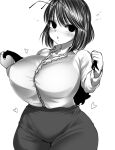  1girl antenna_hair antennae blush bra breasts collarbone collared_shirt flying_sweatdrops greyscale haseru_(ginku_mh) highres huge_breasts long_sleeves looking_at_viewer monochrome open_mouth see-through see-through_shirt shirt short_hair simple_background skirt solo touhou underwear wriggle_nightbug 