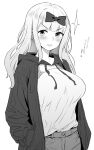  1girl absurdres alternate_costume blush bow breasts commentary_request fujiwara_chika greyscale hair_bow highres jacket kaguya-sama_wa_kokurasetai_~tensai-tachi_no_renai_zunousen~ large_breasts long_hair looking_at_viewer monochrome open_clothes open_jacket open_mouth ossou_rocket pants shirt smile solo 