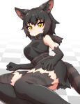  1girl animal_ear_fluff animal_ears animal_print arm_support ass belt black_hair black_serval_(kemono_friends) black_shirt bow bowtie brown_hair cat_ears cat_girl cat_tail closed_mouth elbow_gloves ev_(kemomimizuku) expressionless gloves hair_between_eyes hand_rest high-waist_skirt highres kemono_friends kemono_friends_3 light_blush looking_at_viewer lying medium_hair miniskirt multicolored_hair on_side print_gloves print_scarf print_skirt print_thighhighs scarf serval_print shirt skirt sleeveless sleeveless_shirt solo tail thighhighs underbutt yellow_eyes 