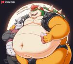  2023 abs anthro anthro_on_anthro belly belt beverage big_belly big_moobs bottomwear bowser bowser_day bulge canid canine canis cellphone claws clothed clothing container crop_top crossover cup dialogue duo embrace english_text eye_patch eyebrows eyewear face_squish full_moon fur hair hand_on_shoulder hi_res holding_beverage holding_container holding_cup holding_object holding_phone horn koopa male male/male mammal mario_bros midriff moobs moon musclegut muscular muscular_anthro muscular_male navel nintendo obese obese_anthro obese_male open_clothing open_mouth open_smile open_topwear overweight overweight_anthro overweight_male pants patreon phone scalie scar shell shirt simple_background smartphone smile spiked_shell spiked_tail spikes spikes_(anatomy) squish standing star_fox stompsthecroc straw tail teeth text thick_thighs thong tongue topwear tuft underwear url watermark wolf wolf_o&#039;donnell 